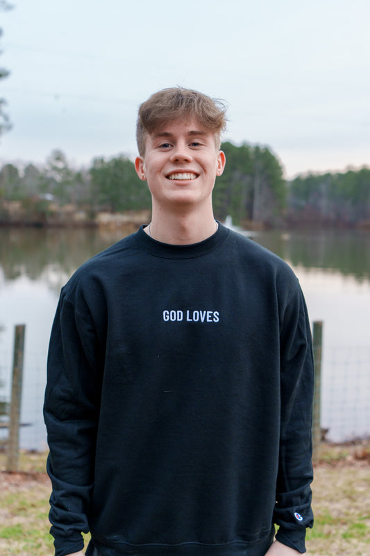 God Loves Embroidered Crew Black